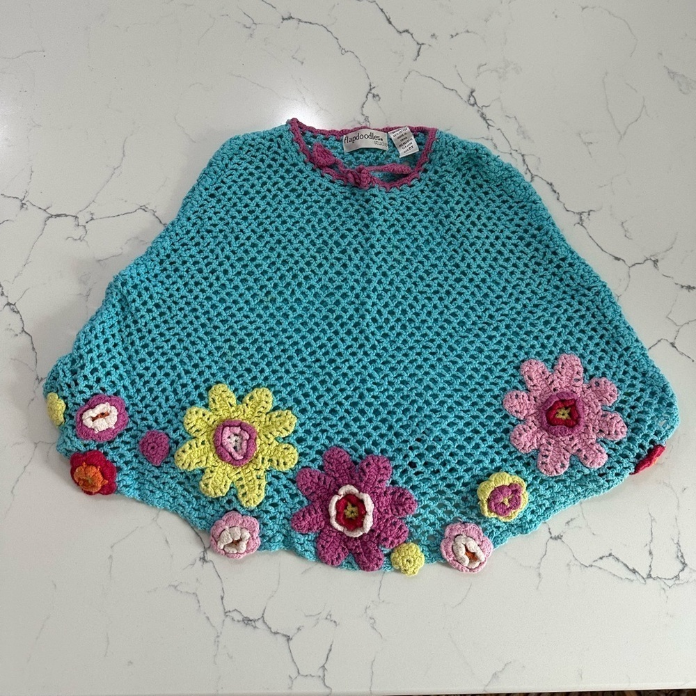 Kids Vintage Flapdoodles Pink and Blue Crochet Flowers Poncho 90s size 6
